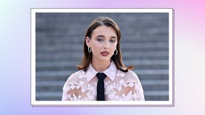Emma Chamberlain wears a pink, lace top as she attends the Valentino Haute Couture Fall/Winter 2023/2024 show as part of Paris Fashion Week at Chateau de Chantilly on July 05, 2023 in Chantilly, France/ in a pink, blue and purple gradient template