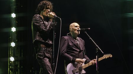 Sombr and Billy Corgan at the 2026 Coachella Valley Music And Arts Festival - Weekend 1 - Day 2 on April 11, 2026 in Indio, California. (Photo by Christopher Polk/Billboard via Getty Images)