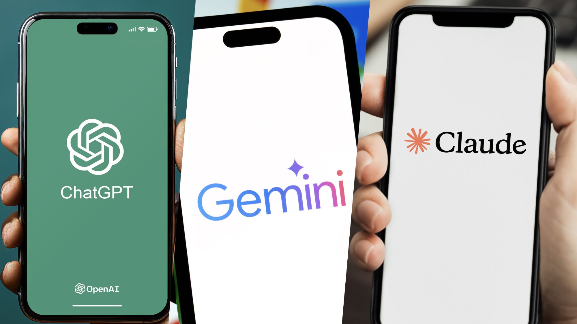 ChatGPT, Gemini and Claude logos on phones 