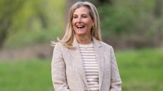 Sophie, Duchess of Edinburgh, wearing a striped top and blazer, during a visit to The Yellow Labrador Club at The York Club on April 8, 2025