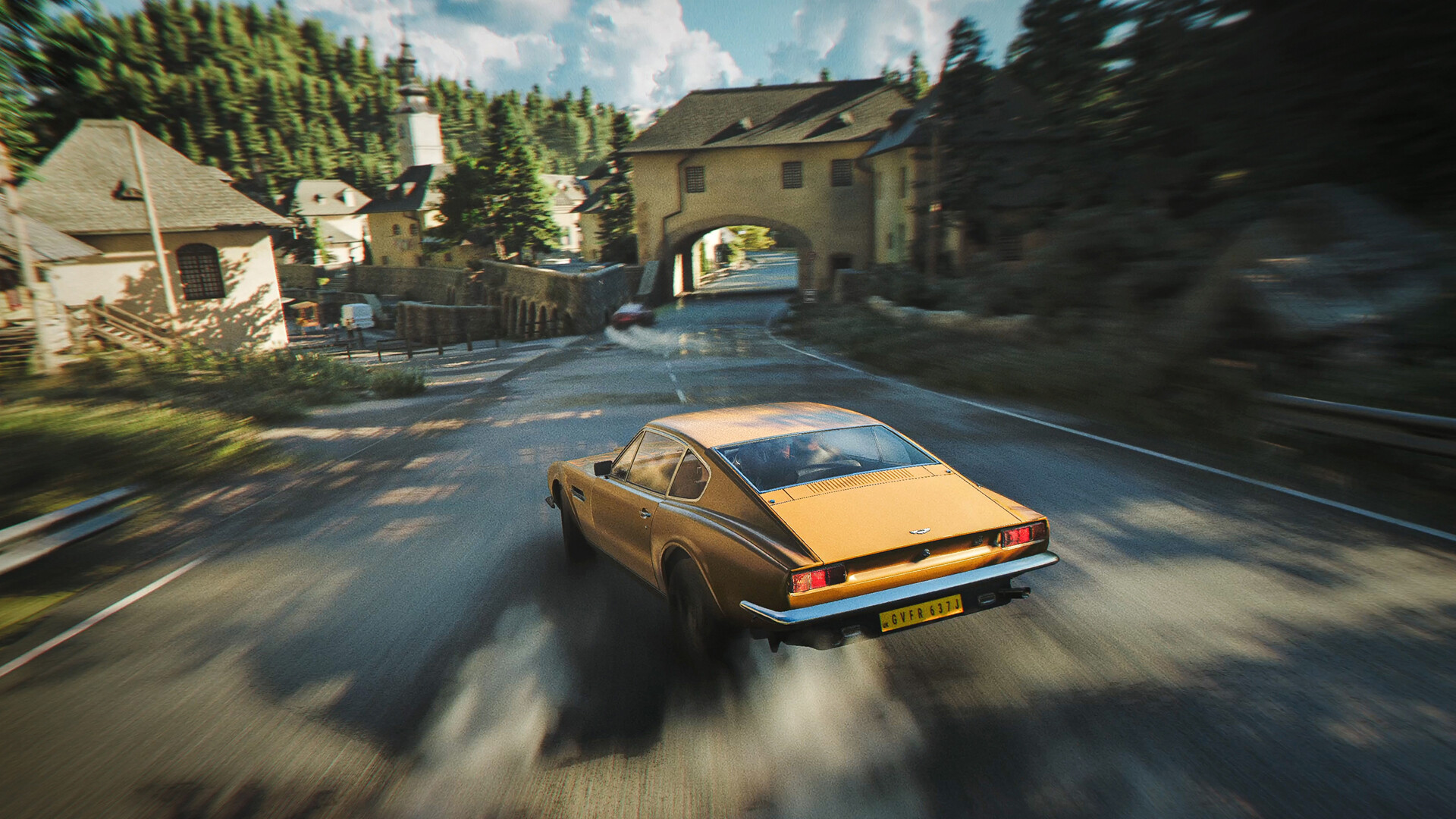 Drifting around a corner in a vintage Aston Martin in 007 First Light