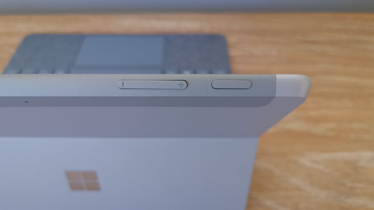 A closeup of the Microsoft Surface Go 3's power and volume buttons