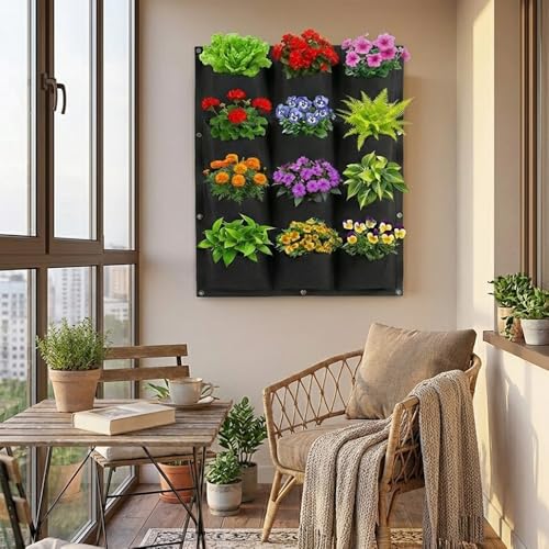 Wfist Vertical Hanging Planter Bag, Breathable Felt Wall Garden Planter With Metal Grommets, Indoor/outdoor Space-Saving Herb &amp;amp; Flower Growing Pouch (12-Pocket)