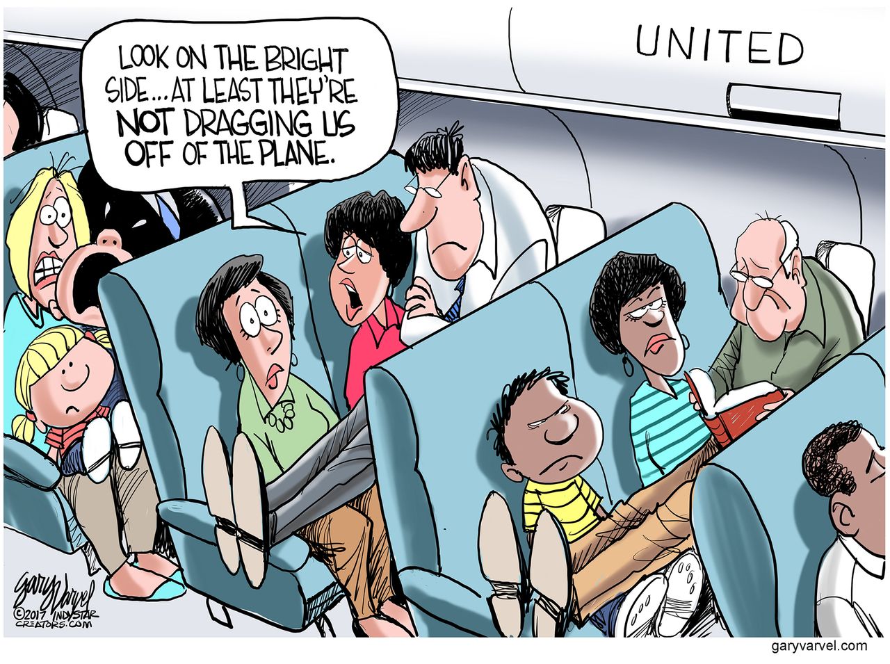 Editorial cartoon U.S. plane seats dragging United Airlines