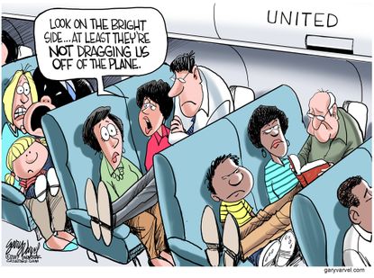 Editorial cartoon U.S. plane seats dragging United Airlines