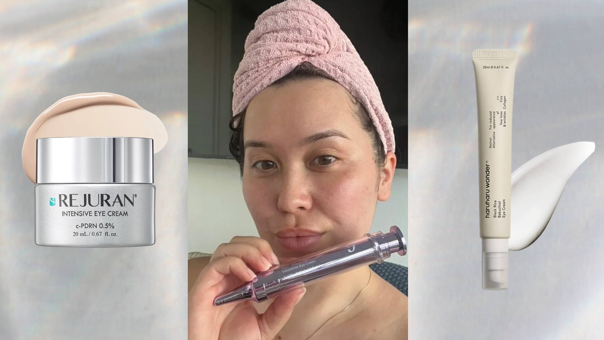 silvery background with selfie of girl holding k beauty eye cream