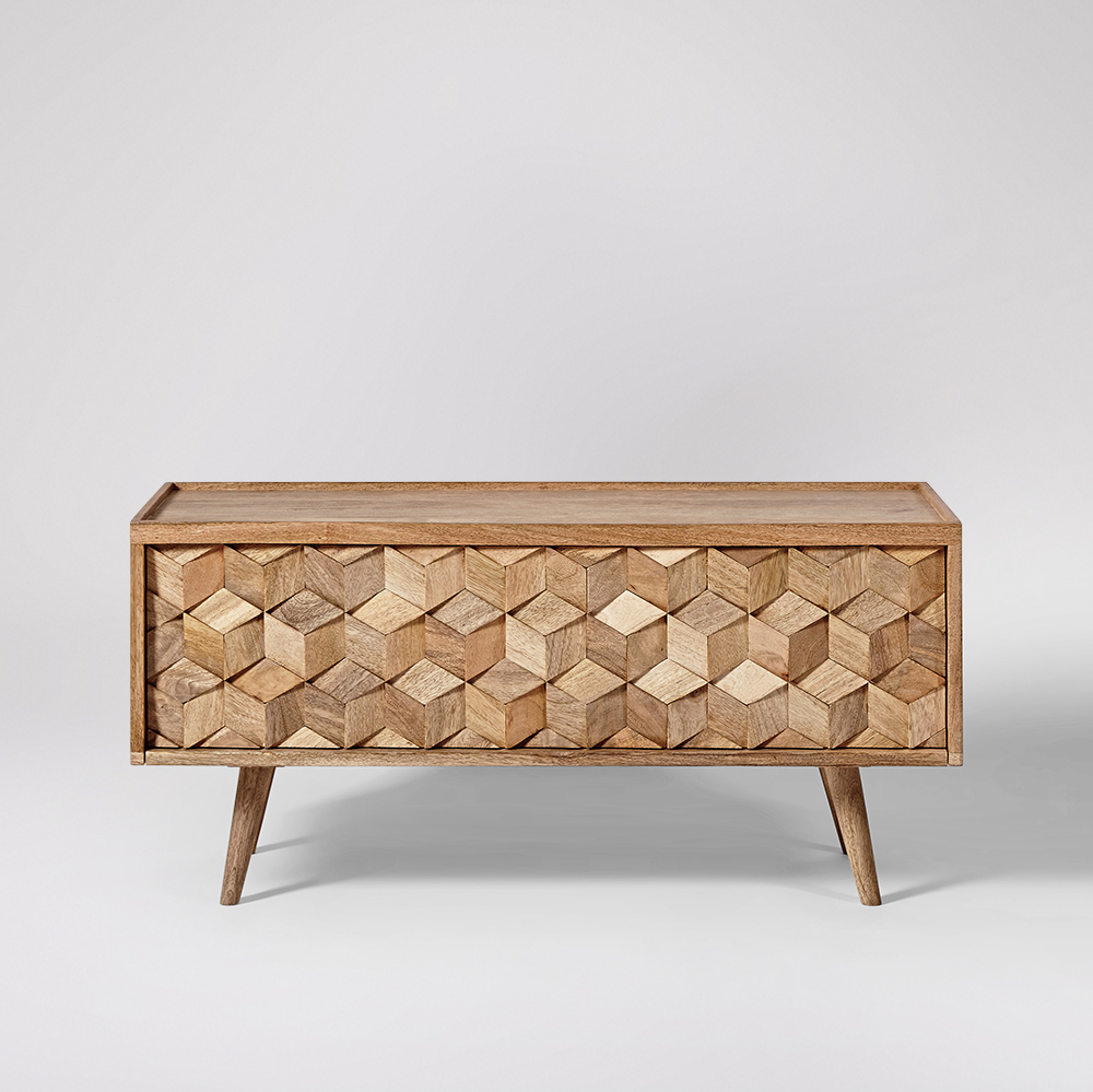 tv stand wooden table with textured tessellating cubes