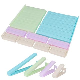 Pink, green, blue, and white food bag clips. 