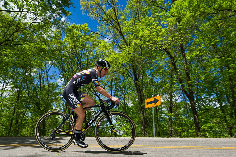 A Visit Dallas Cycling DNA Pro Cycling (USA) makes her way up the switchback section of the course.