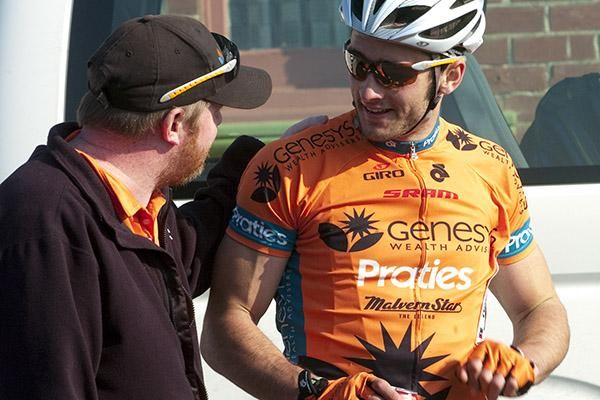 Genesys Wealth Advisers team manager Andrew Christie-Johnson (left) congratulates Nathan Haas on his stage nine win in Penguin.