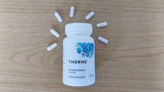 Thorne Vitamin B12 capsules and container on a table