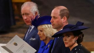 King Charles III, Camilla, Queen Consort, Prince William, Prince of Wales and Catherine, Princess of Wales attend the annual Commonwealth Day Service at Westminster Abbey on March 13, 2023 in London, England.