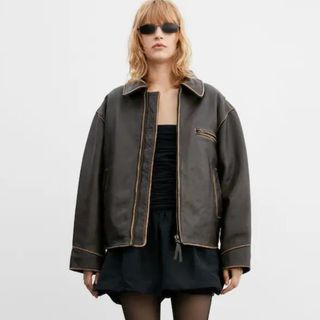 Oversized worn-effect leather jacket