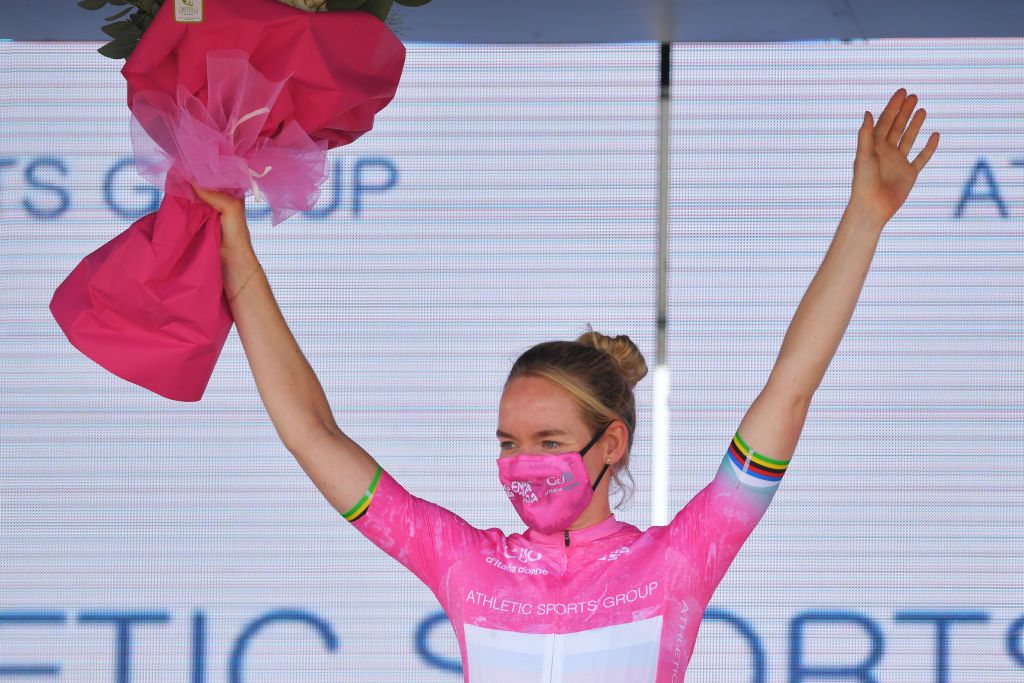 CARUGATE ITALY JULY 06 Anna Van Der Breggen of Netherlands and Team SD Worx Pink Leader Jersey celebrates at podium during the 32nd Giro dItalia Internazionale Femminile 2021 Stage 5 a 1201km stage from Milano to Carugate GiroDonne UCIWWT on July 06 2021 in Carugate Italy Photo by Luc ClaessenGetty Images