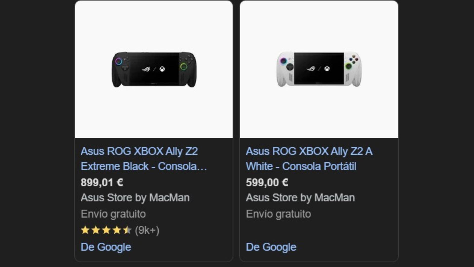 Screenshot of Asus ROG Xbox Ally Google product blocks with pictures, prices, and links.