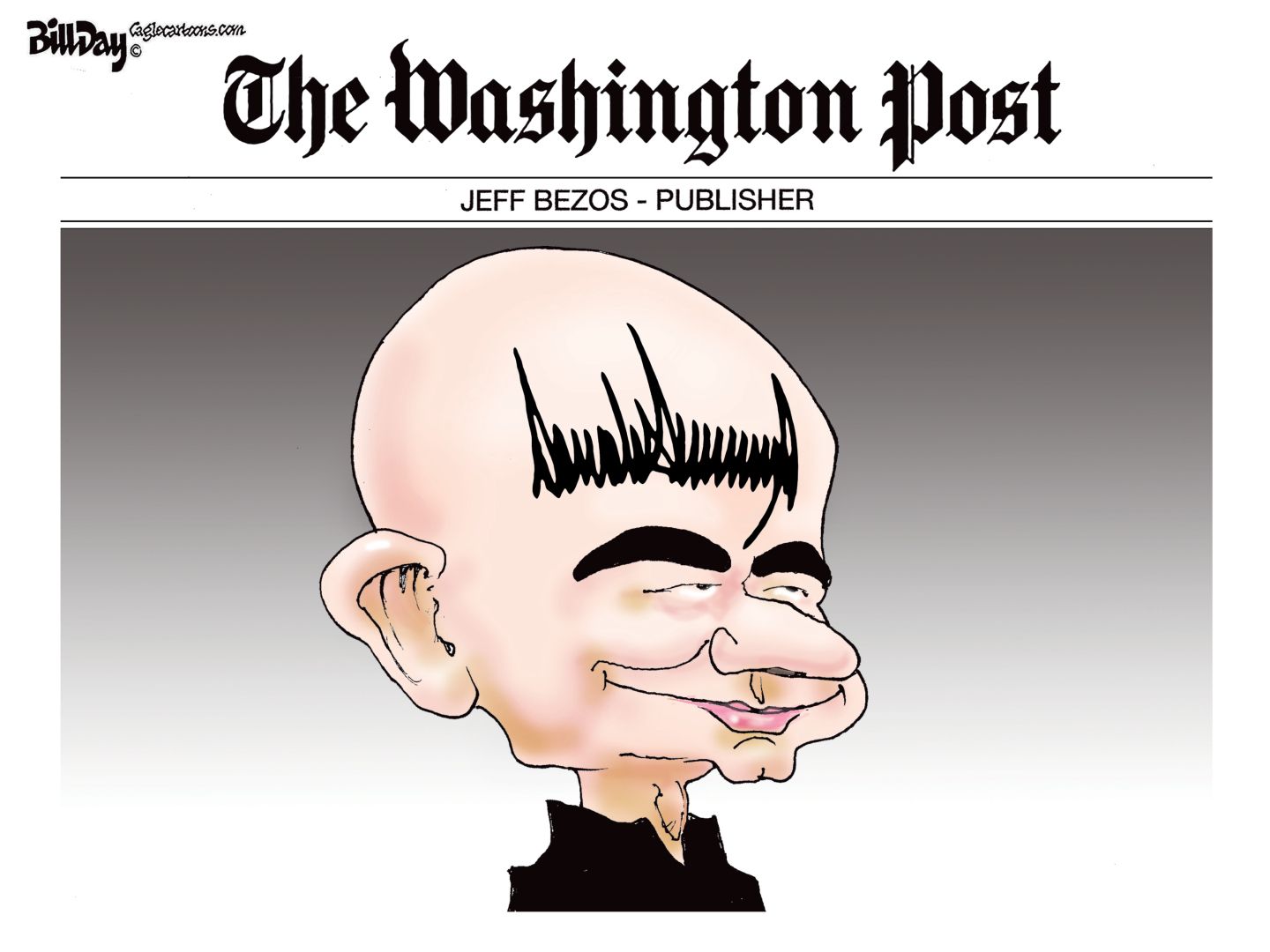 
                                This political cartoon depicts a fictional front page of the Washington Post. The label on top reads “Jeff Bezos - Publisher” and the image below is a slightly smiling Jeff Bezos with Donald Trump’s signature on Bezos’ bald head.
                            