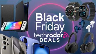 A selection of tech products on a dark blue background. In the centre is a logo reading 'Black Friday TechRadar deals' in white.