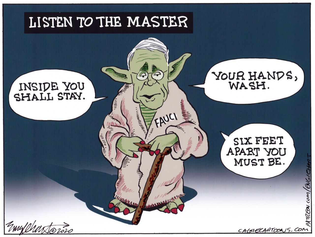 Political Cartoon U.S. Anthony Fauci Yoda COVID-19 social distancing shelter in place handwashing