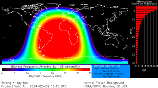 shortwave radio blackouts appear as a bright red region over South America, Southern Atlantic and Africa.