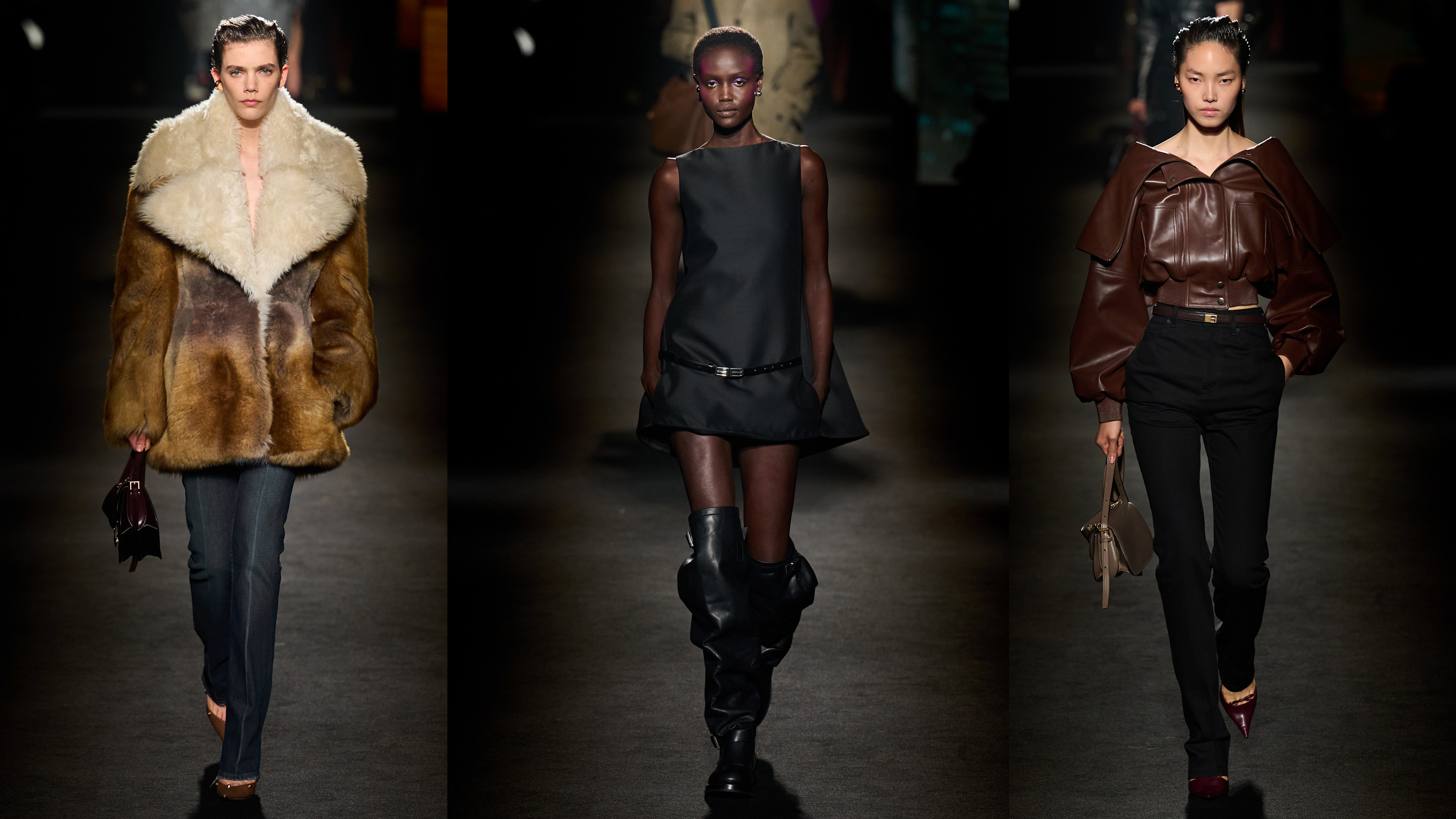 A collage showing models walking in the F/W 26 Balenciaga show during Paris Fashion Week.