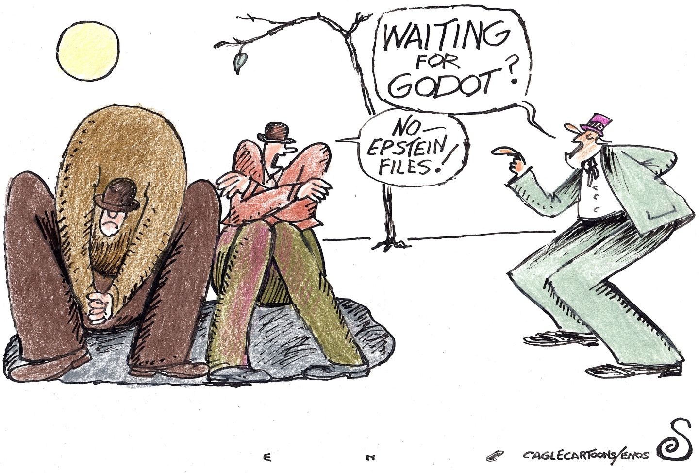 
                                Two men dressed in 1940s-style clothing and hats sit on the left side of this cartoon, which is drawn in an old-fashioned style. Another man approaches and says, “Waiting for Godot?” One of the seated men responds, “No— Epstein files!”
                            