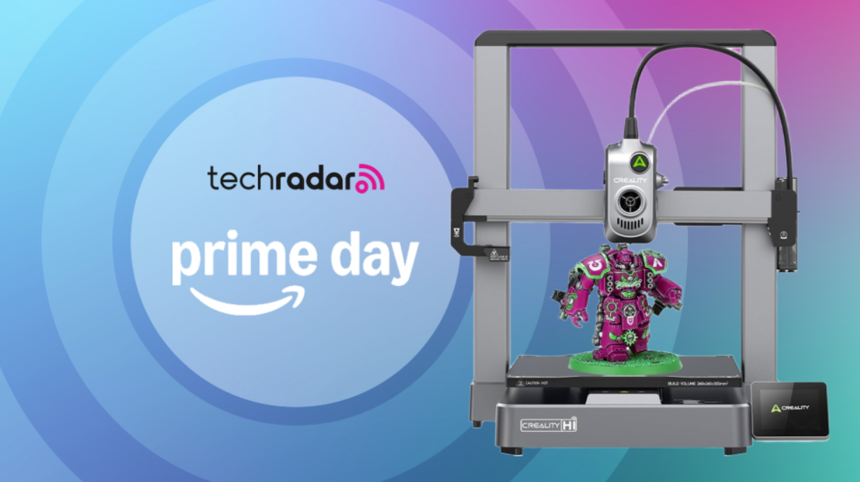 Creality Hi 3D printer on a rainbow background next to a TechRadar badge reading 'Prime Day'