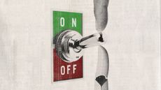 Photo collage of an on/off switch, with a humna finger trying to turn it off, and a robot finger holding it up from below