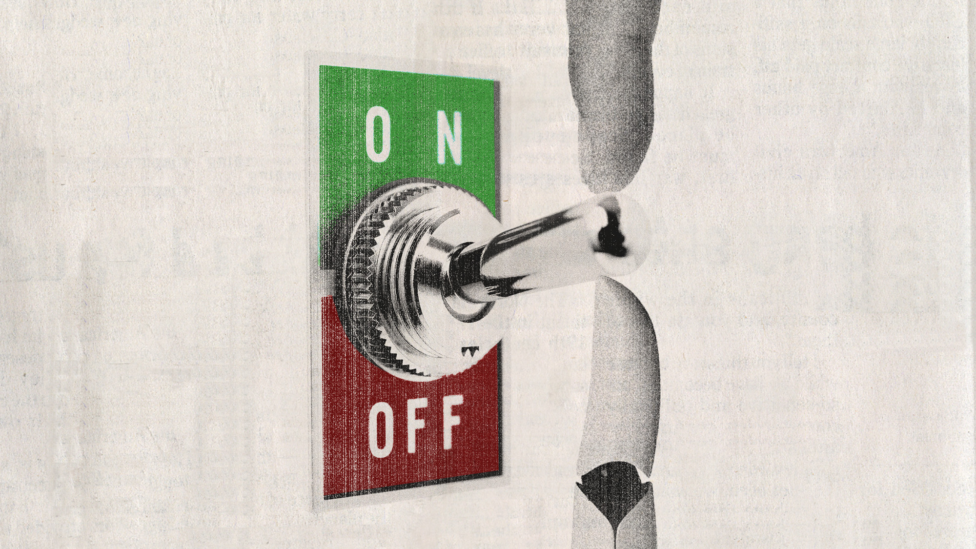 Photo collage of an on/off switch, with a humna finger trying to turn it off, and a robot finger holding it up from below