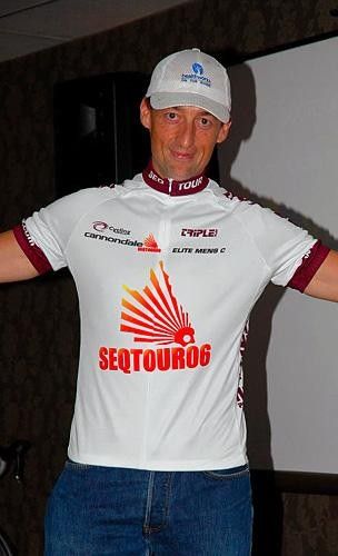 Adrian Booth models the tour leader's jersey
