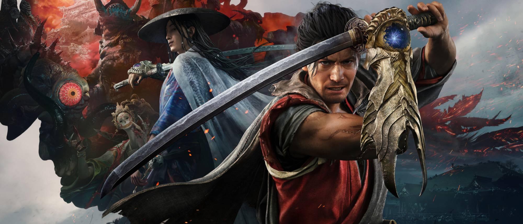 Onimusha: Way of the Sword key art showing the game's protagonist and supporting characters