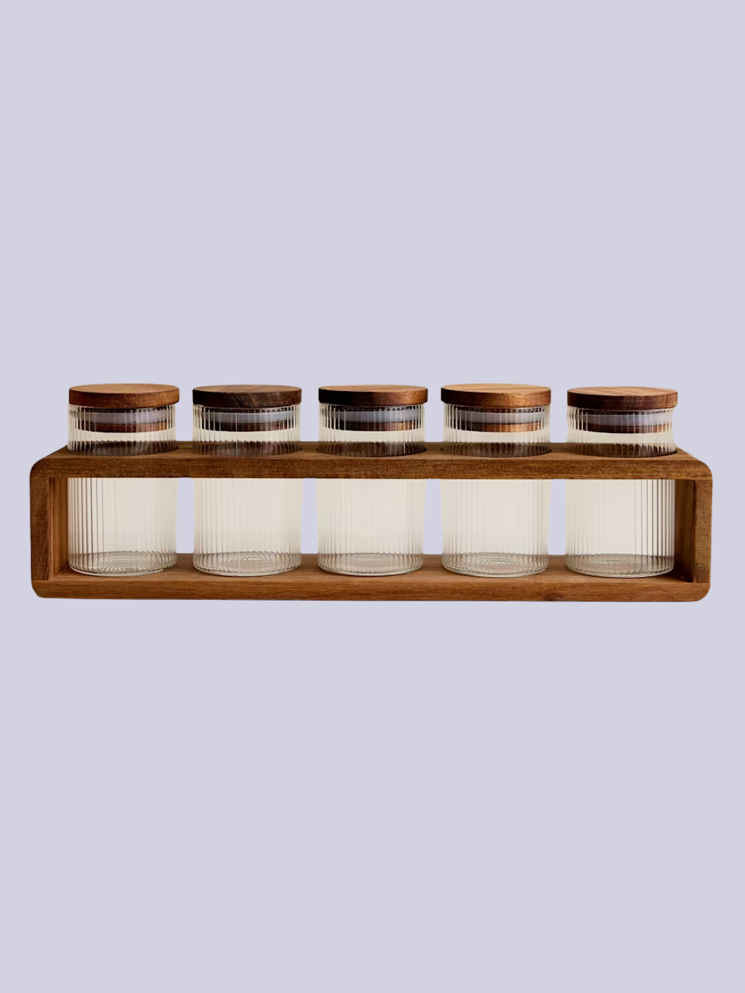 A set of five ribbed glass spice jars and a holder from M&amp;amp;S