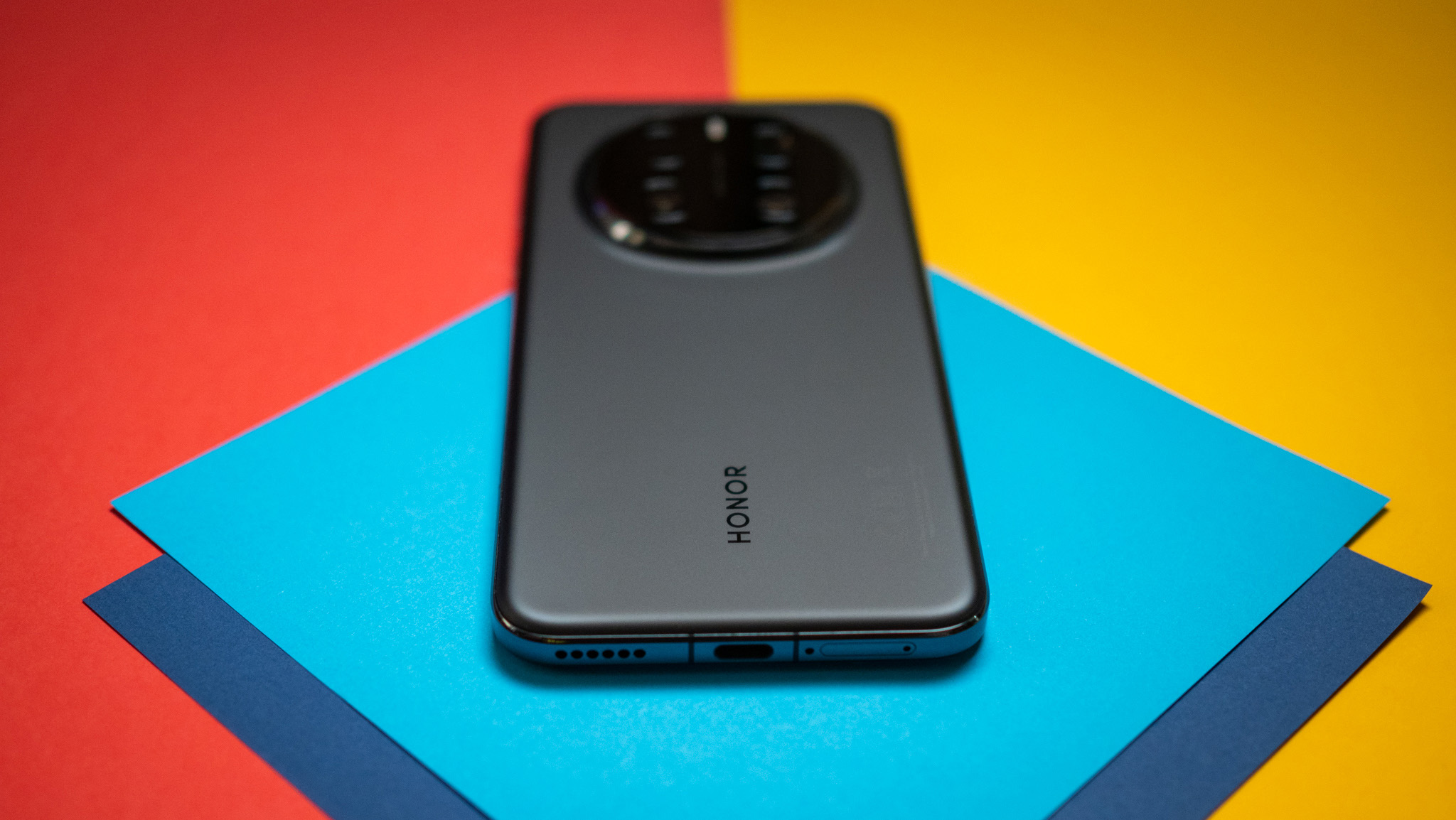 Honor Magic 7 Pro back view against colorful background