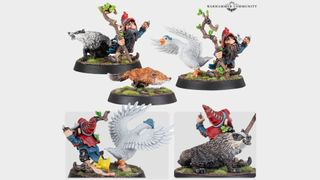 A series of model gnomes and animals on a plain background