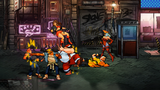 A screenshot from Streets of Rage 4, showing player characters Axel and Blaze being attacked by a group of thugs in the street