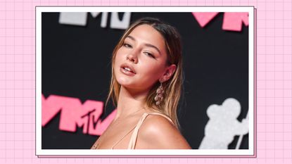 Madelyn Cline at the 2023 MTV Video Music Awards held at Prudential Center on September 12, 2023 in Newark, New Jersey/ in a pink template