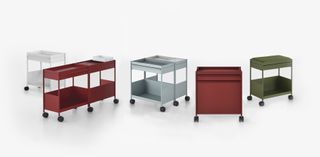 Office storage trolleys on wheels which come in burgundy, green, white and grey.