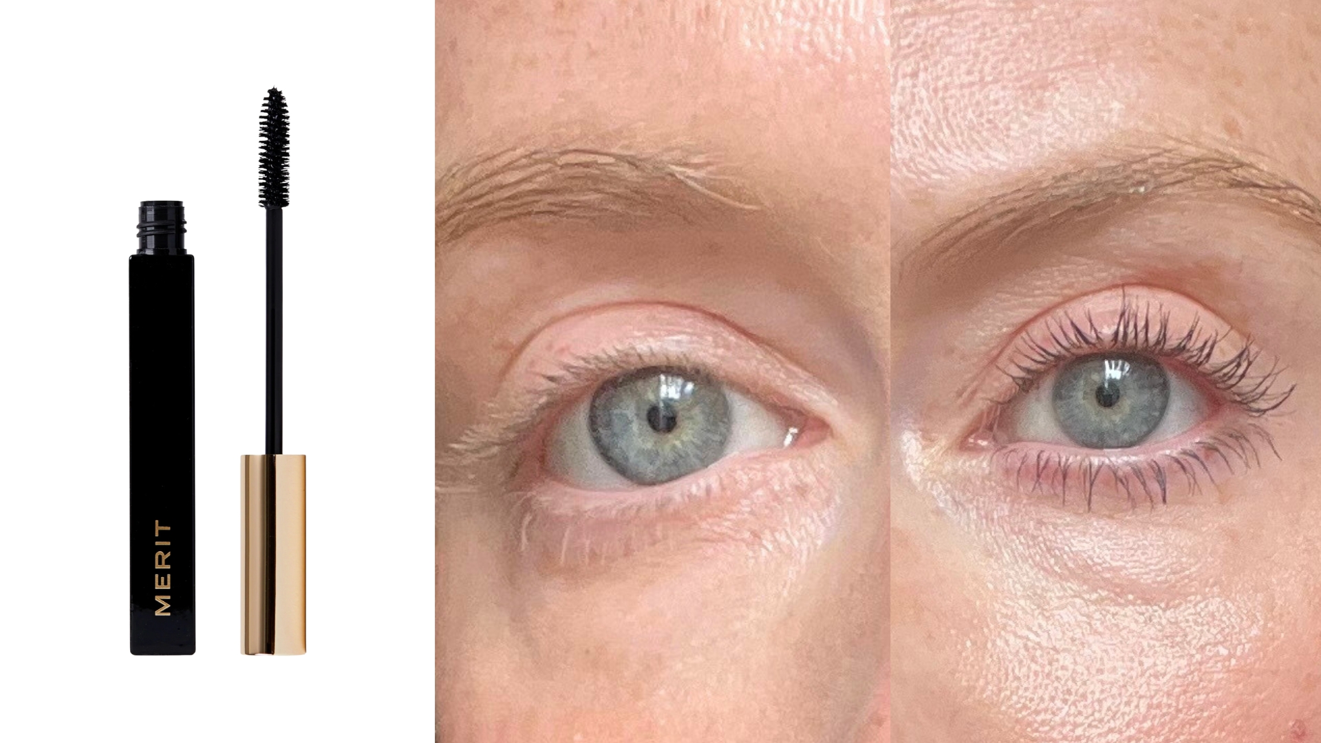 An image of the MERIT Clean Lash Lengthening Mascara on the left, next to a before and after comparison of Annie Milroy's lashes wearing the MERIT Clean Lash Lengthening Mascara