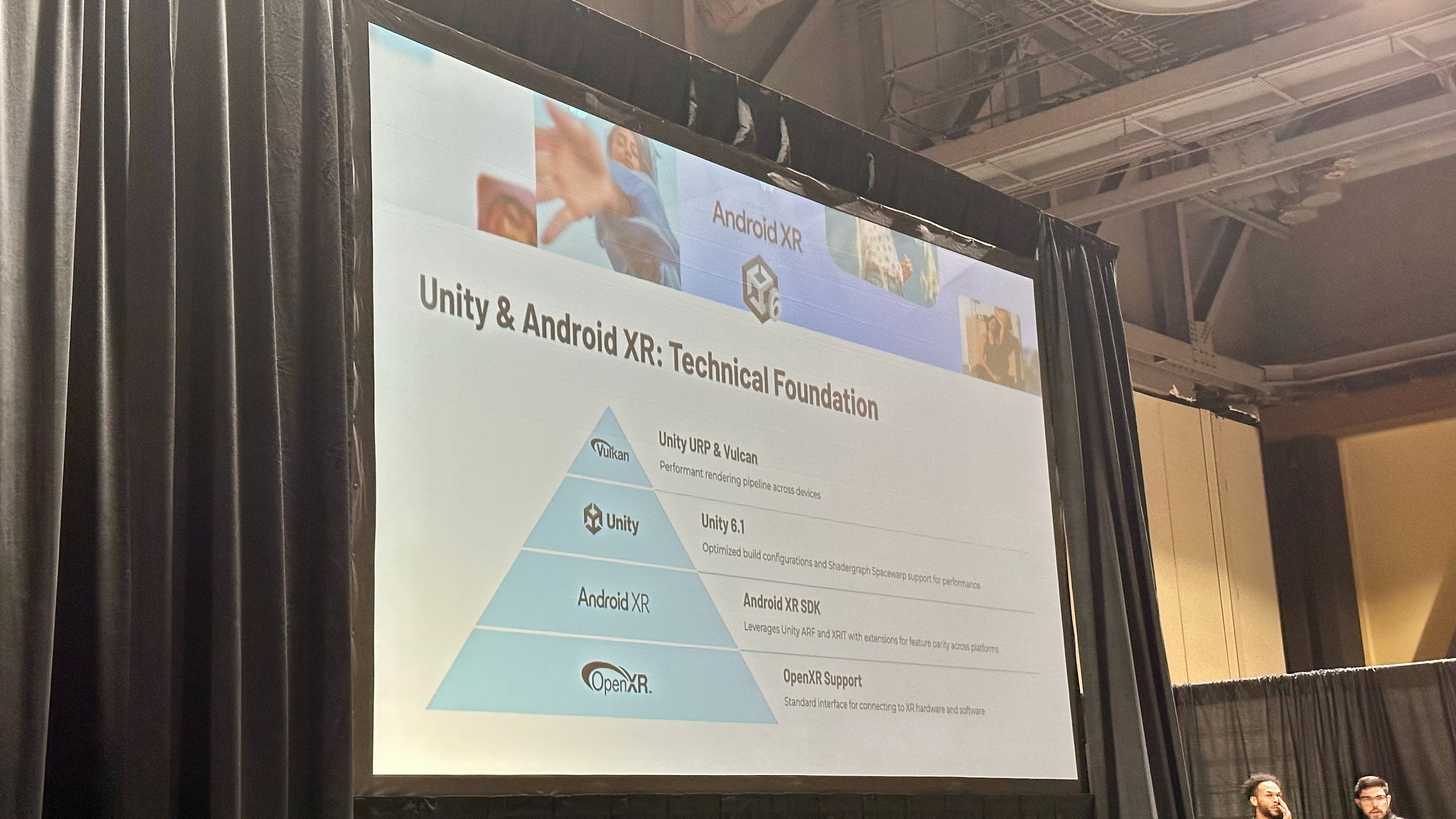 A screen at AWE 2025 showing "Unity & Android XR: Technical Foundation."