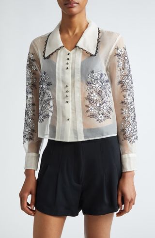 Floral Embroidered Silk Organza Button-Up Shirt