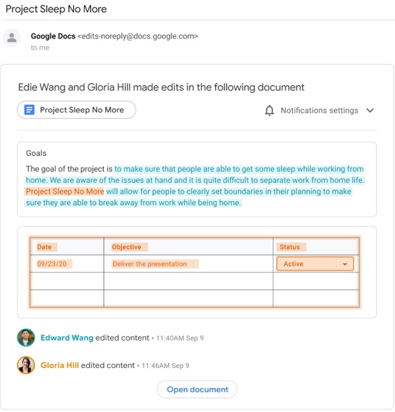 An email displaying Google Docs' new emailed edit notifications.