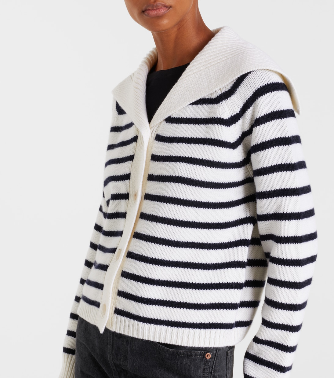 Striped Wool and Cashmere Cardigan in White - Jardin Des Orangers
