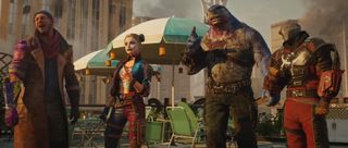 Suicide Squad - Harley Quinn, King Shark, Deadshot, Captain Boomerang stand around together