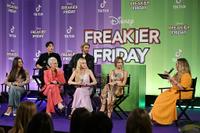 LONDON, ENGLAND - AUGUST 01: (L-R) Sophia Hammons, Manny Jacinto, Jamie Lee Curtis, Lindsay Lohan, Chad Michael Murray and Julia Butters attend the UK Talent Q+A of Disney's "Freakier Friday" with TikTok on August 01, 2025 in London, England. (Photo by Kate Green/Getty Images for The Walt Disney Company Limited)