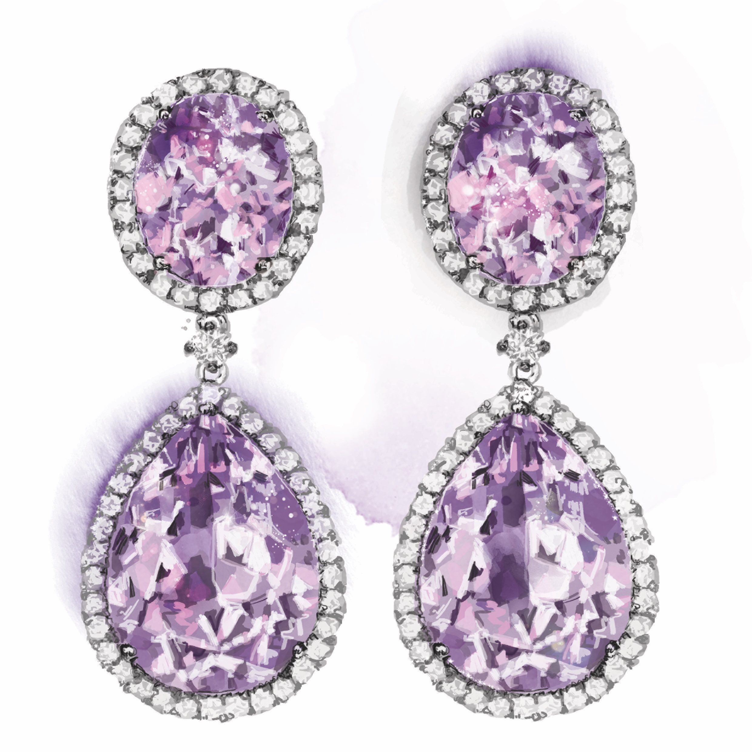 Illustration of a pair of amethyst drop earrings