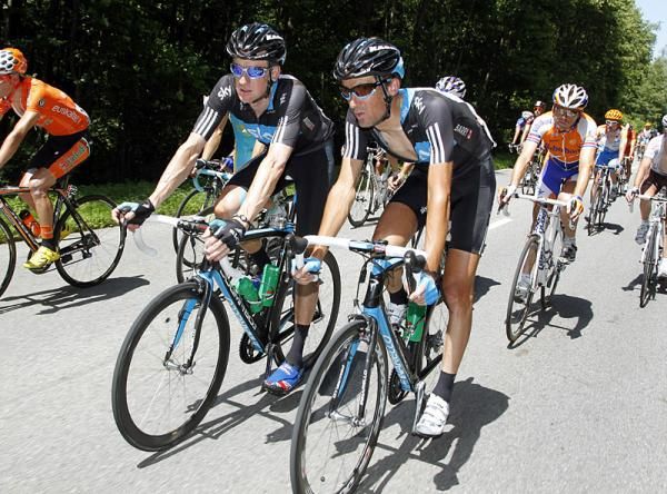 Sky teammates Bradley Wiggins and Michael Barry chat during stage 10.