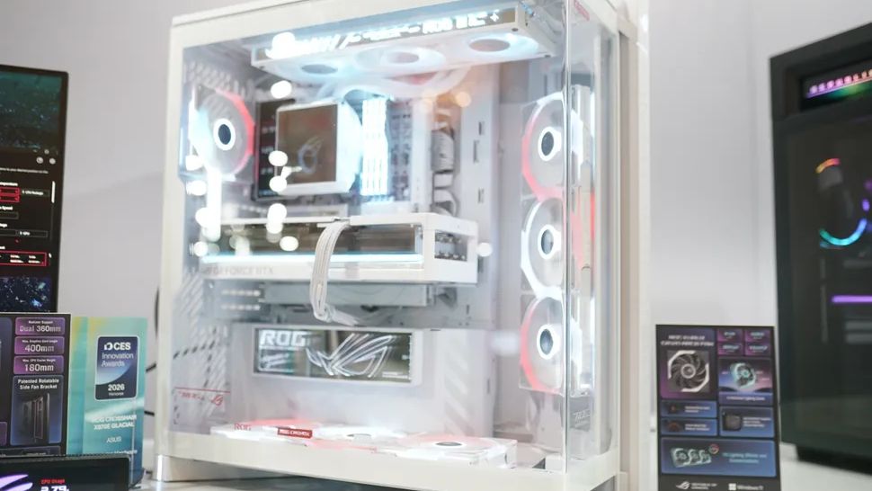Asus unveils the ROG Cronox, its first panoramic PC case with a 9.2" screen and rotating fan bracket — chassis supports up to 14x 120mm fans & dual 360mm radiators