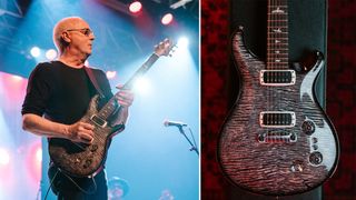 Paul Reed Smith plays the PRS Charcoal Phoenix guitar onstage (left), the PRS Charcoal Phoenix guitar