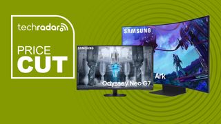 Two Samsung monitors on a green background with white price cut text