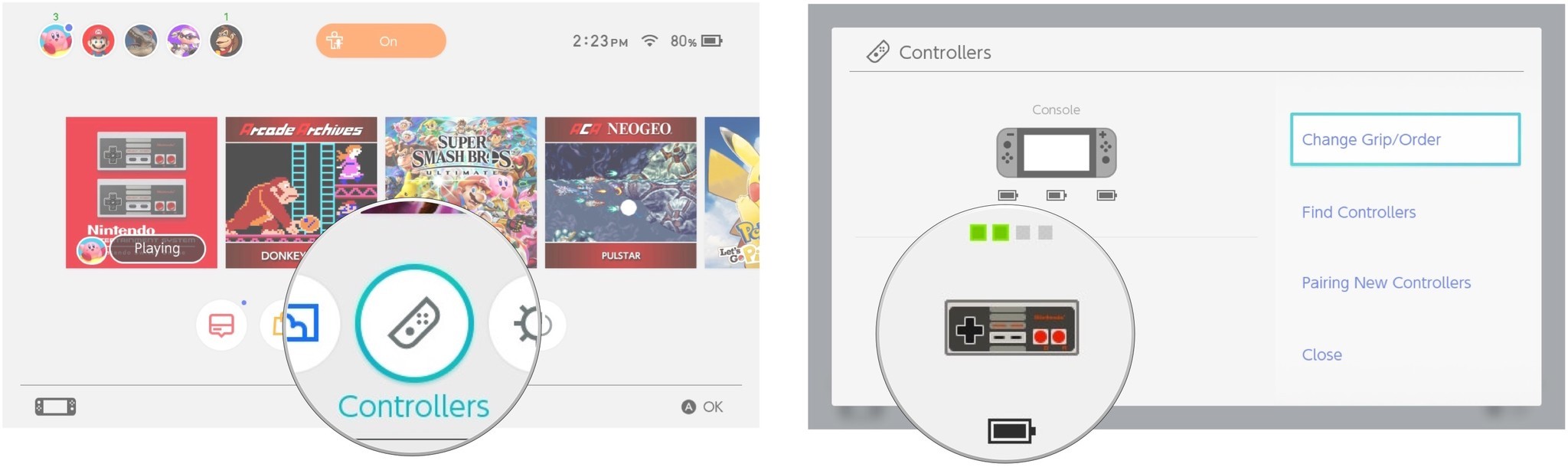 Select Controllers from the Home screen to see your controller battery life