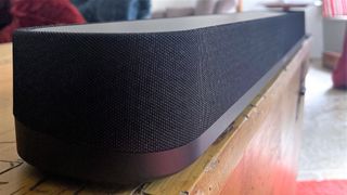 Sennhieser Ambeo Sound Bar Mini on a coffee table at reviewers home
